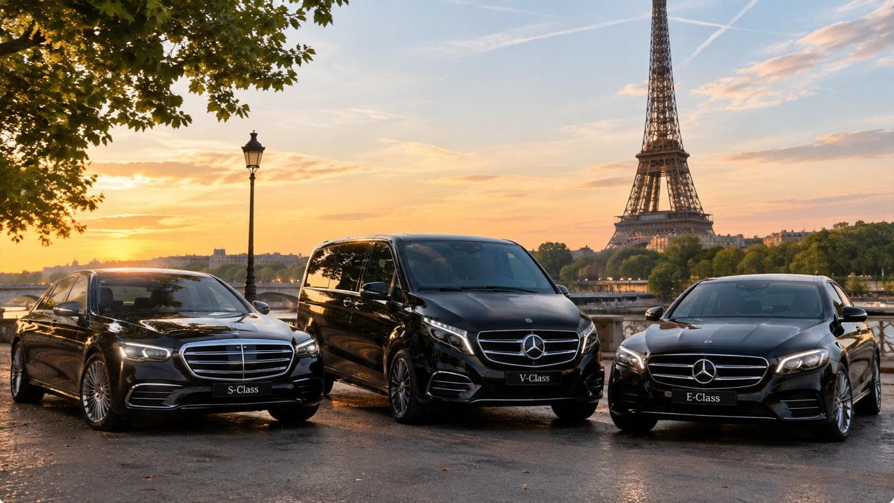 Flotte de berlines et van Mercedes avec chauffeur devant la Tour Eiffel à Paris